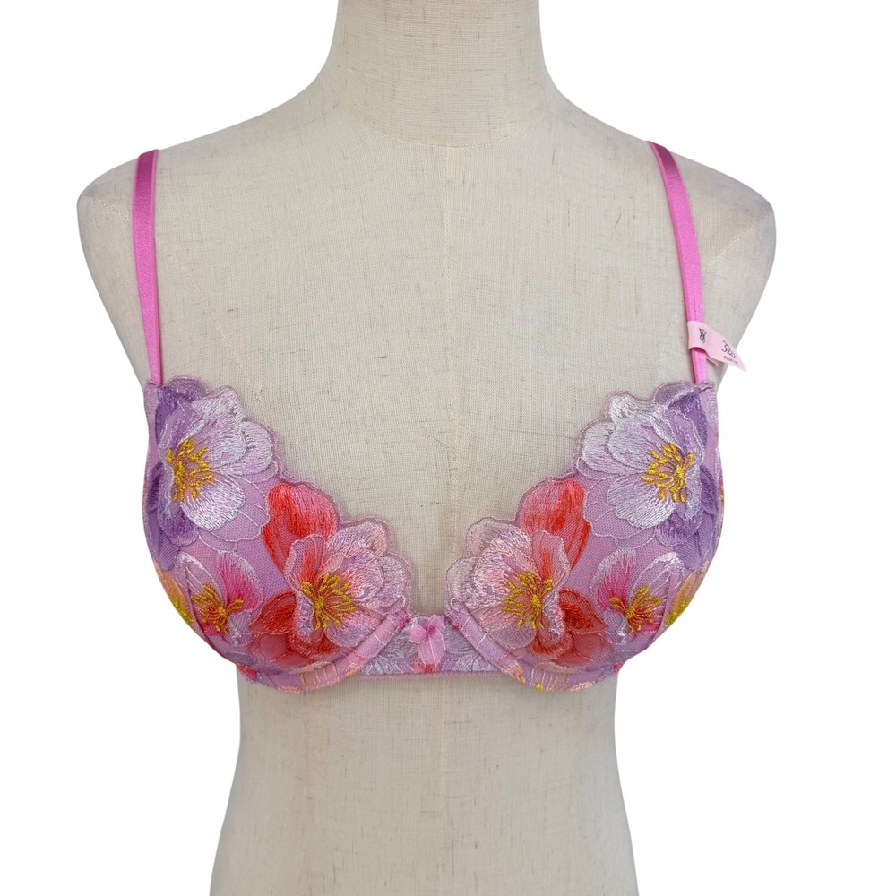 NWT Victoria's Secret Push-Up Bra 32D Pink Floral Dream Angels Embroidered Pink